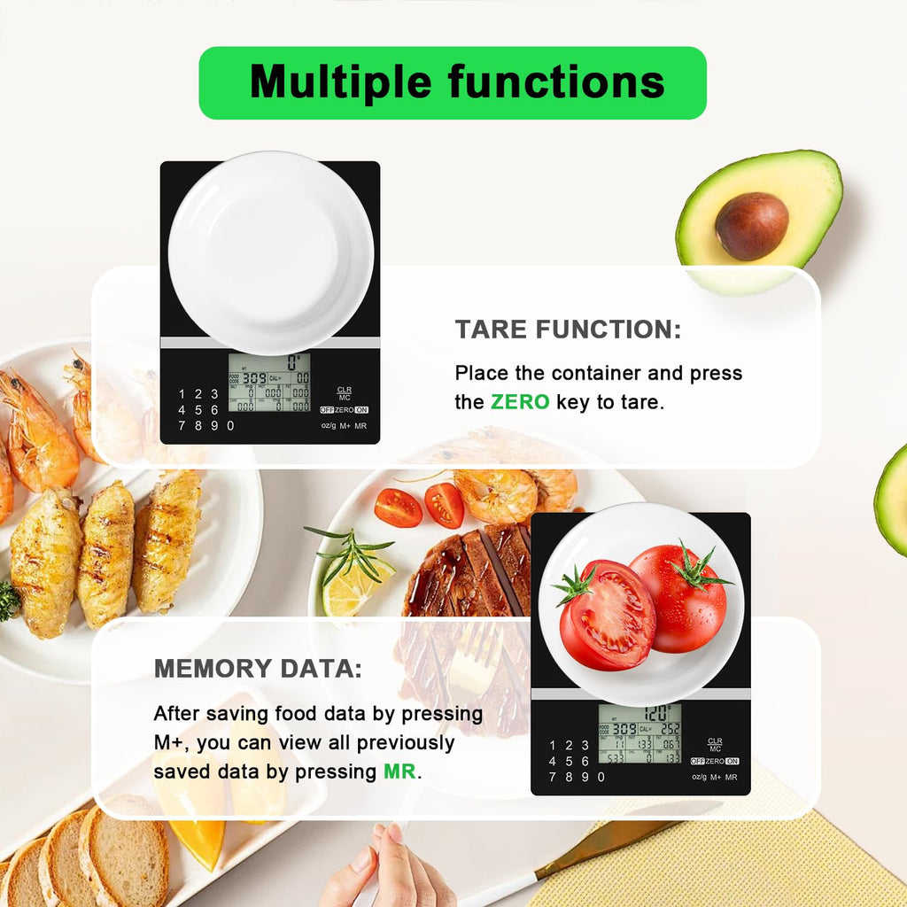 5000g Smart Nutrition Scale, Kitchen Scale with Food Code, Food Scale for Meal Prep, Portion Control, Baking, Weight Loss, 4 Units, Tare Function, Batteries Included