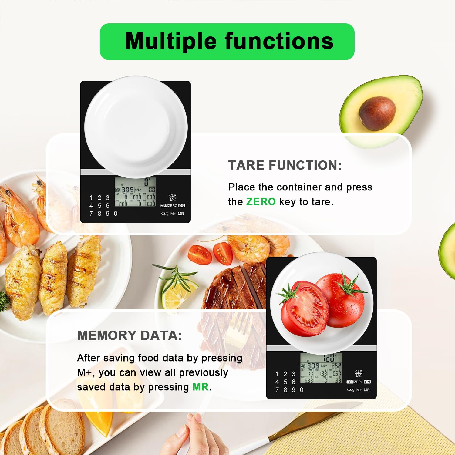 5000g Smart Nutrition Scale, Kitchen Scale with Food Code, Food Scale for Meal Prep, Portion Control, Baking, Weight Loss, 4 Units, Tare Function, Batteries Included