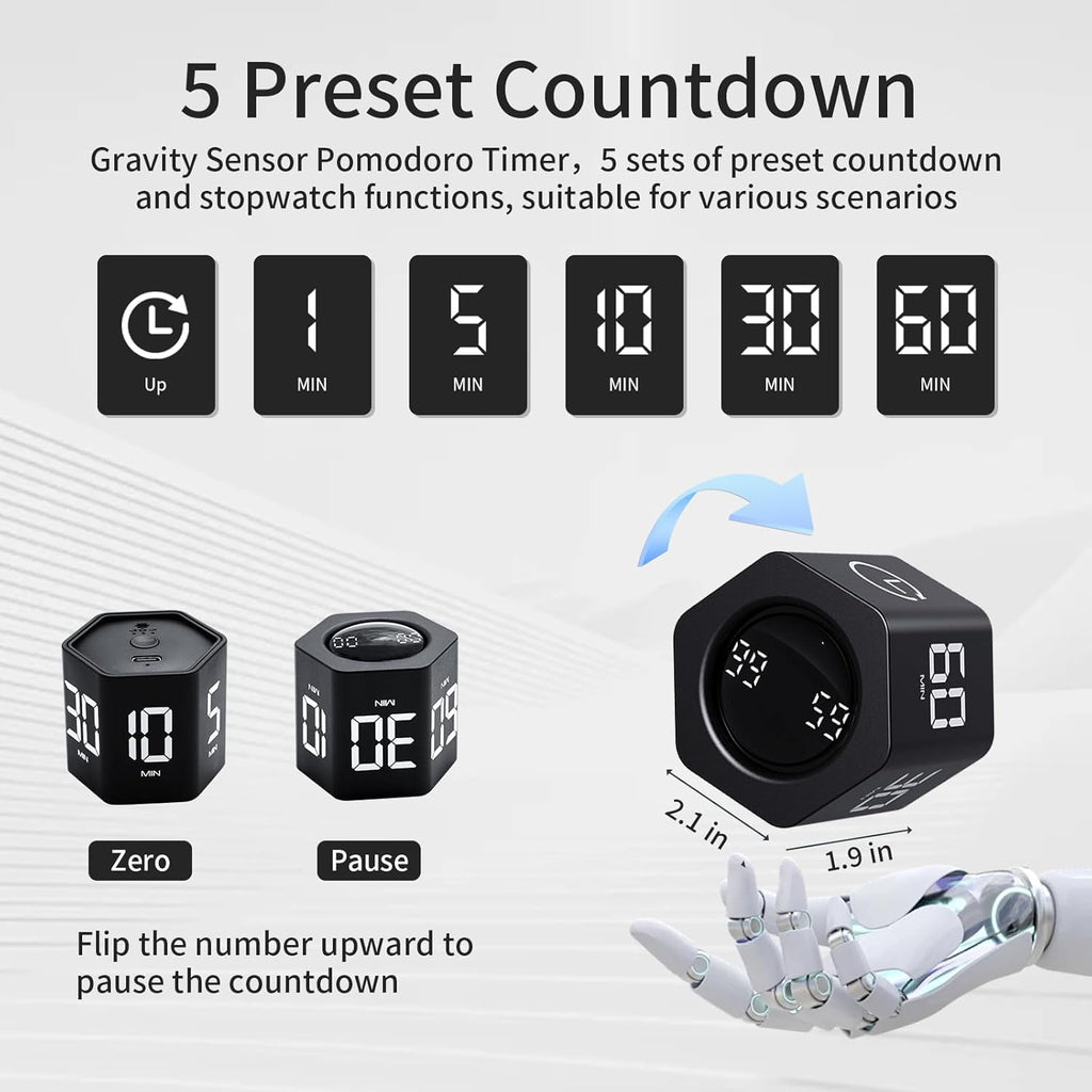 Productivity Timer Flip Gravity Sensor Pomodoro Cube Timer Countdown & Countup,1/5/10/30/60min Preset & Custom Timing, Mute/Vibrate/Sound for ADHD,Work,Study,Kitchen(1, Black Hexagon)