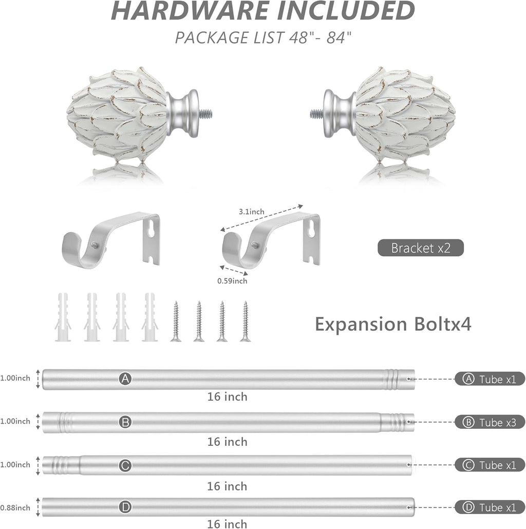Curtain Rods for Windows 48 to 84 Inches 1 Inch Diameter Adjustable Drapery Rod Decorative Single Window Curtain Rods with Classic Finials,Silver