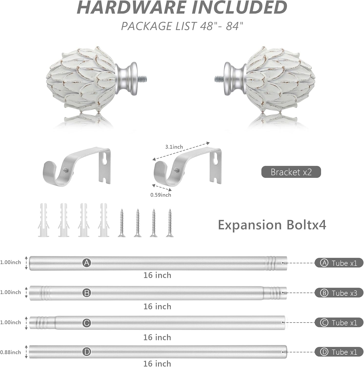 Curtain Rods for Windows 48 to 84 Inches 1 Inch Diameter Adjustable Drapery Rod Decorative Single Window Curtain Rods with Classic Finials,Silver