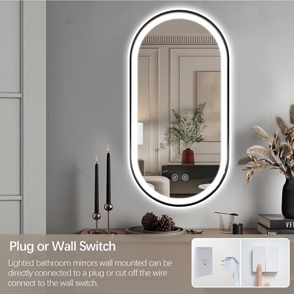 Niccy Oval LED Mirror for Bathroom, 48x24 Front Lit + Backlit Vanity Mirrors with Light Anti-Fog, Shatter-Proof, 3 Colors, Makeup Mirror with Black Frame (Horizontal/Vertical)