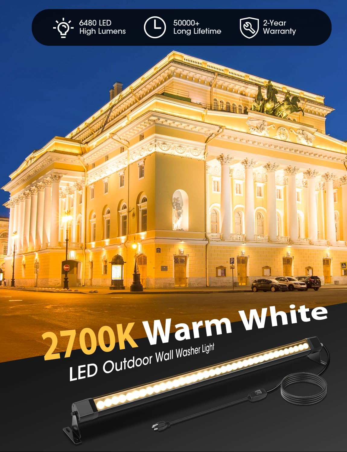 2-Pack Pro-Grade LED Wall Washer Light Bar, 54W 6480LM 2700K Warm White, 40-Inch IP67 Waterproof 120V Linear Outdoor LED Light Bar Landscape Lighting with On/Off Switch
