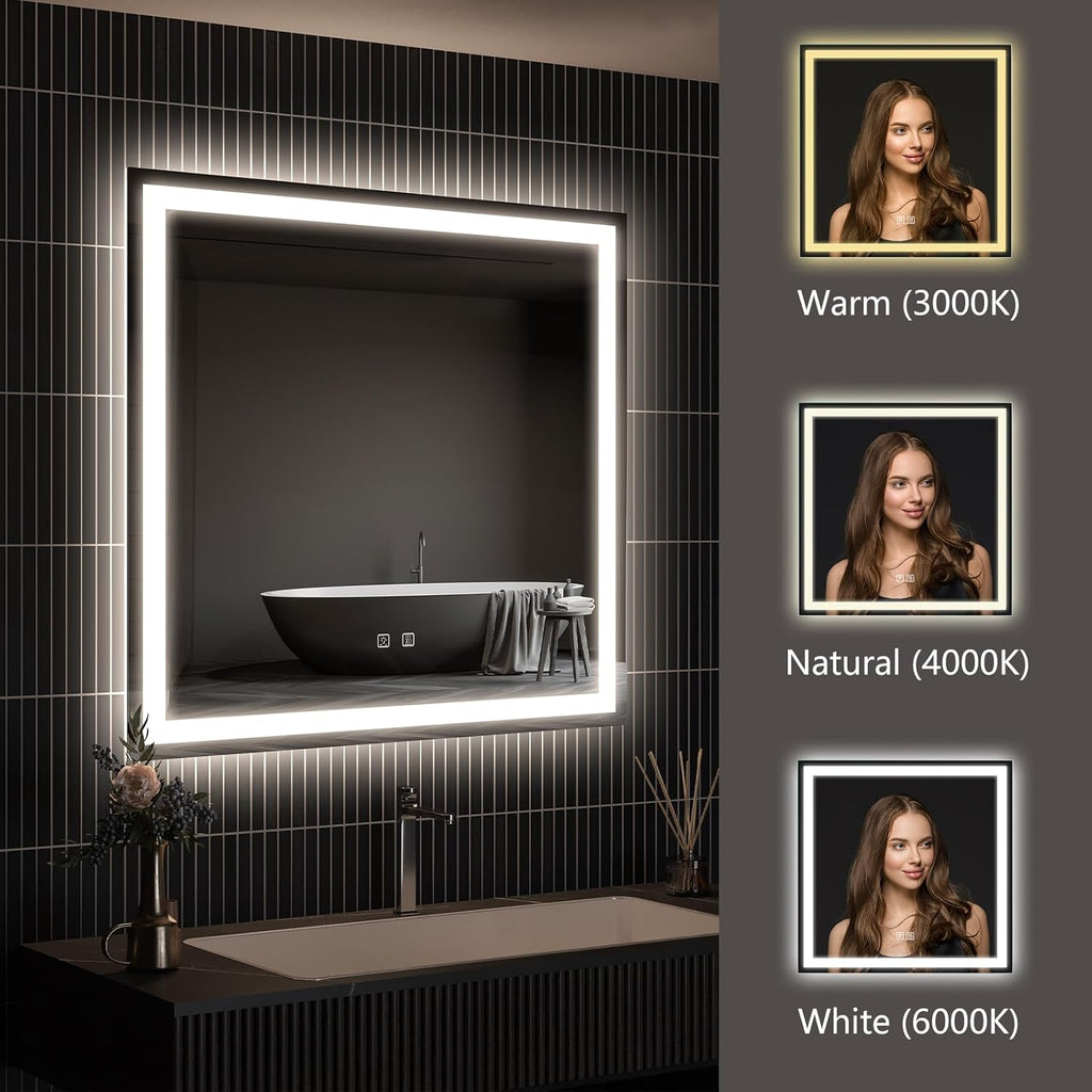 APRILSOUL 30x30 Inch LED Bathroom Mirror with Front and Backlit, Makeup Mirror with 3 Color Lights, Memory Function, Anti-Fog and Dimmable Light (Horizontal)