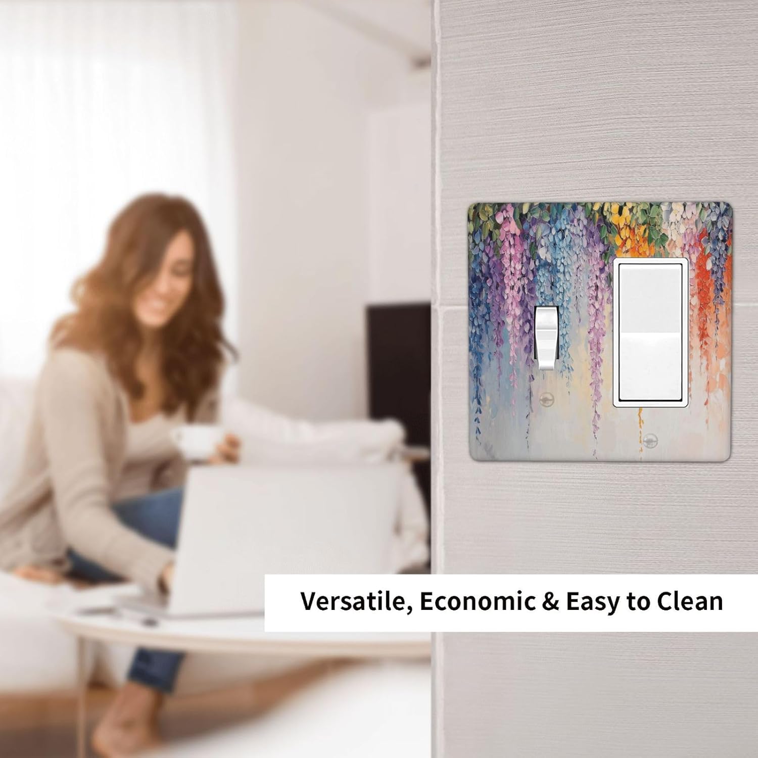 Colorful Wildflower Wisteria Cascade Floral Flower Outlet Covers 1 Toggle 1 Rocker Combination Decorative Wall Plate Electrical Switch Plates Light Switch Cover Plate for Bedroom Living Room Decor