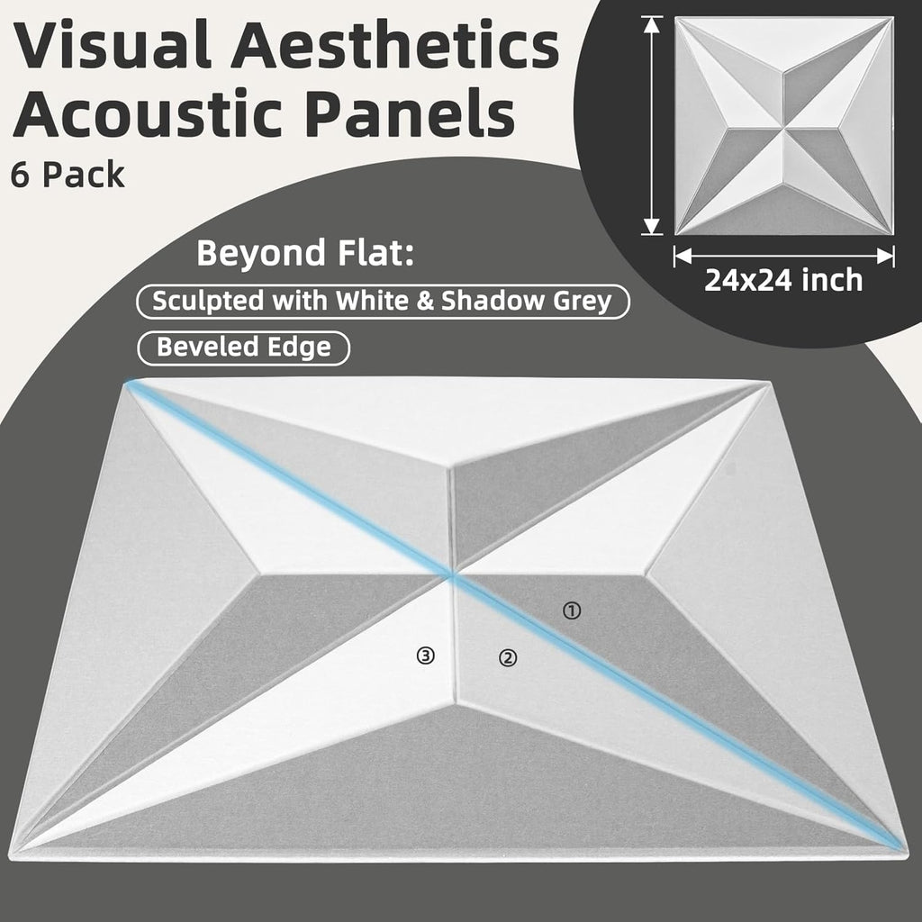 Art3dwallpanels 24" X 24" Acoustic Panels 6 Pack Soundproof Wall Panels Sound Dampening, 3D Wall Decor Absorbing Panels, White and Gray