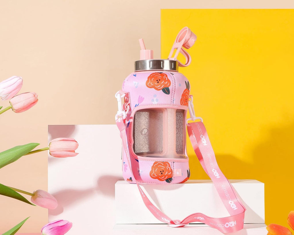 H2O Capsule 2.2L Half Gallon Wide Mouth Water Bottle with Storage Sleeve and Removable Straw - Hydration Tracker Jug with Measurements Marked – Shatterproof BPA-Free, (Poppy Love)