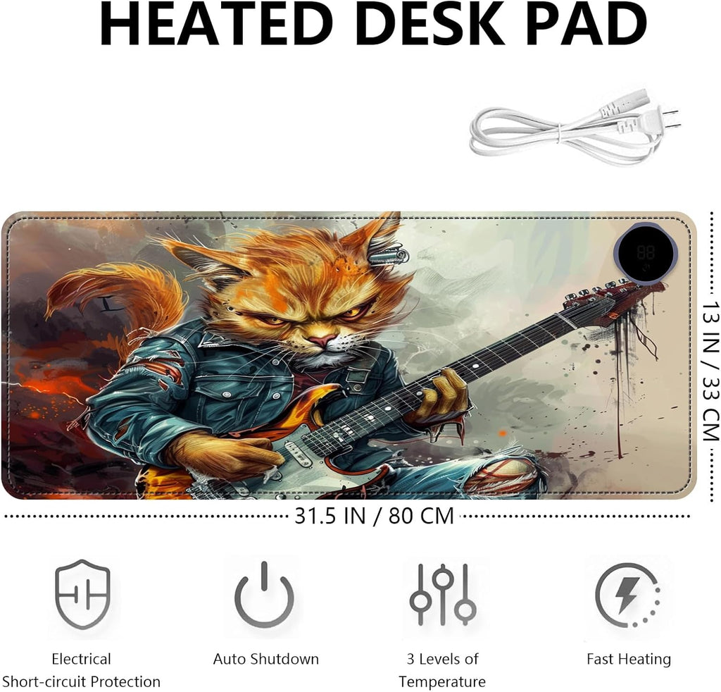 Heated Mouse Pad with 3 Levels Heated & 3 Hours Auto Shut-Off Mouse Pad for Warming Hands in Office Home, 31.5" x 13"Large Safe Desk Mat Hand Warmer，Cat Playing Guitar