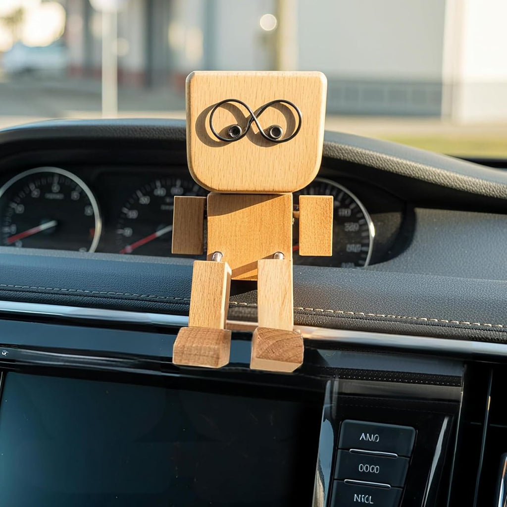 Shaking Wooden Man Figurine for Car Dashboard, Handmade Shaking Feet Wooden Man with 12PCS Magnetic Expressions, Creative Wood Desktop Decor Gifts