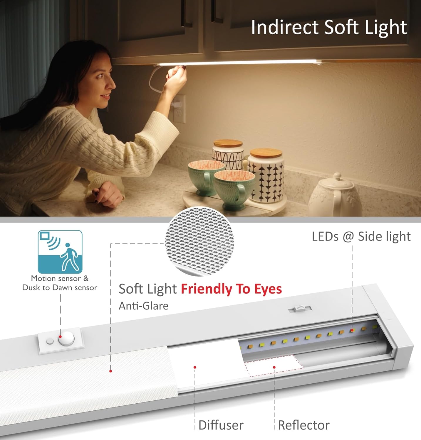 Under Cabinet Lighting Motion Sensor Hardwired, 24 Inch 12W Dimmable, 5 CCT 2700/3000/3500/4000/5000K, Eyes Care Design Linkable Under Counter Lights for Kitchen, Sink, ETL Listed, White