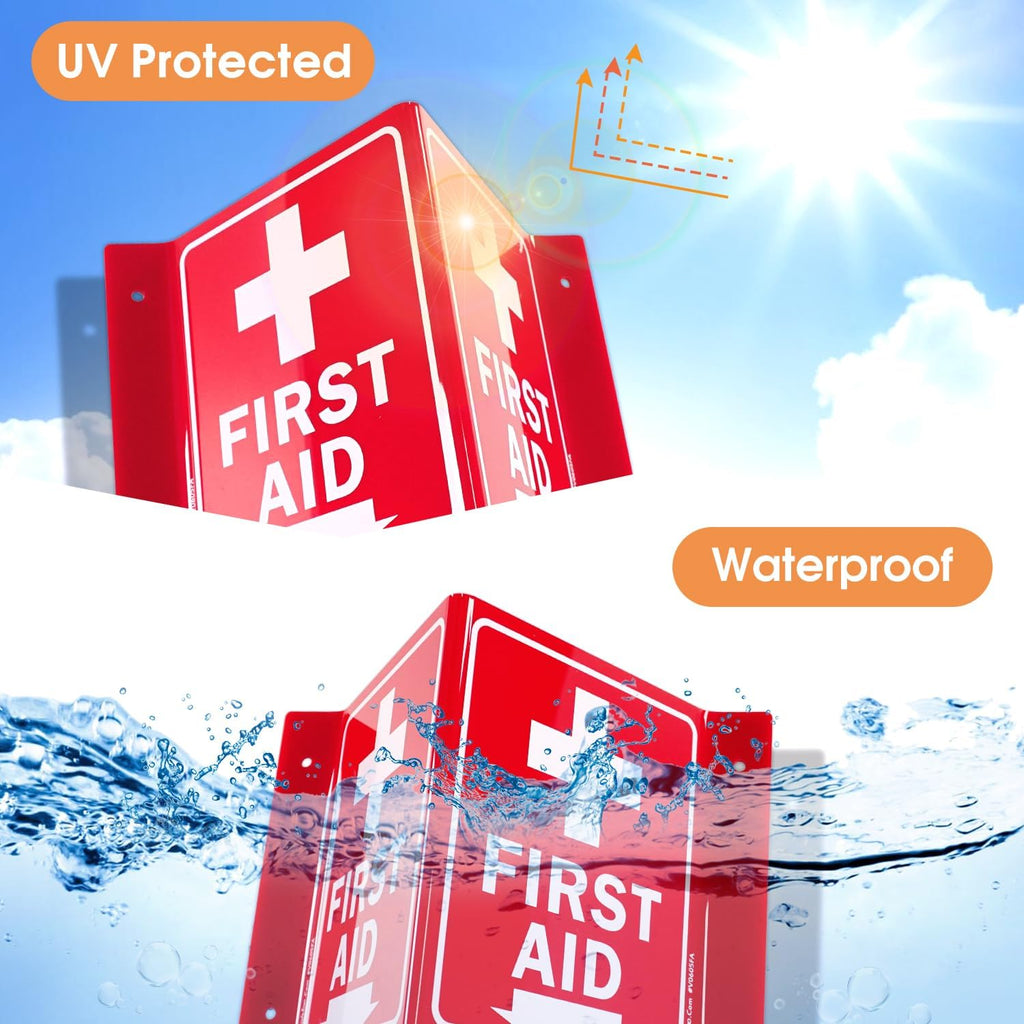 Faittoo First Aid Sign, 5 Pack First Aid with Cross Symbol - 6 x 8 Inches V-Shaped Acrylic Plastic, 4 Pre-Drilled Holes, Includes Matching Screws, Use for Home Office/Business