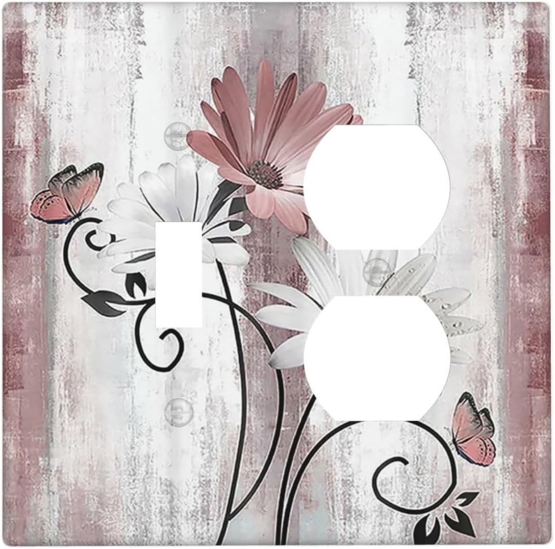 Wallplates Pink White Daisy Butterfly Wood Grain 1 Toggle 1 Duplex Switch Plate Electrical GFCI Faceplate Decorative Light Switch Covers for Farmhouse Bathroom Decor