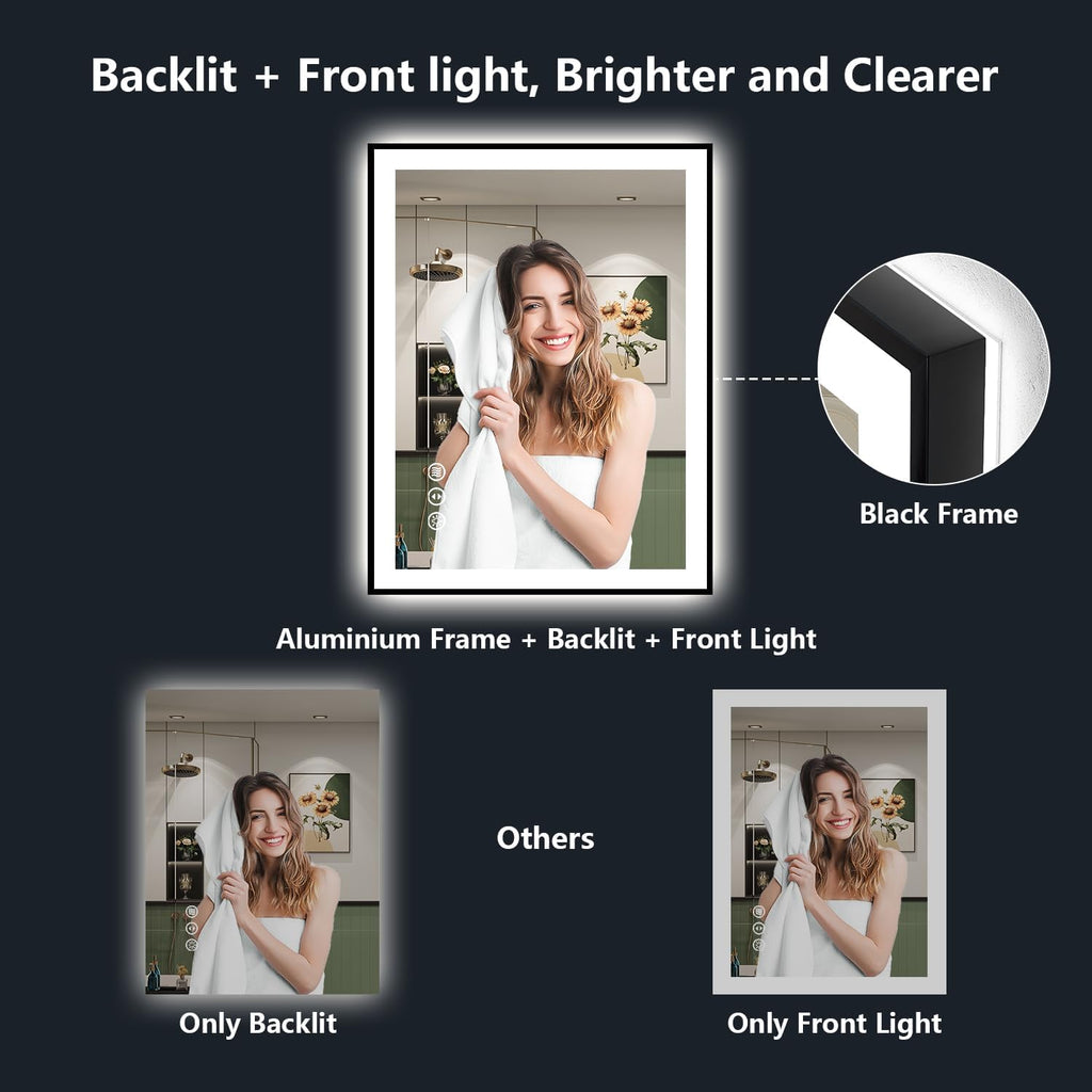 32x36 Inch LED Bathroom Mirror with Lights (Front Lit and Backlit) Black Framed Lighted Vanity Mirror for Bathroom Wall Dimmable Anti-Fog Memory Tempered Glass Horizontal/Vertical