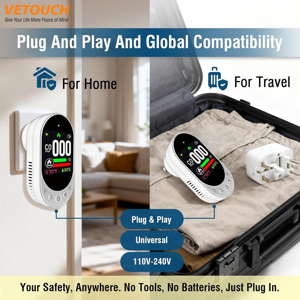 4-in-1 Plug-in Smoke & Carbon Monoxide Alarms with Digital Display Monitors CO, Smoke, Temperature, Humidity, 85dB Loud Alarm, Self-Test, Adjustable Sensitivity, for Home, Kitchen, RV