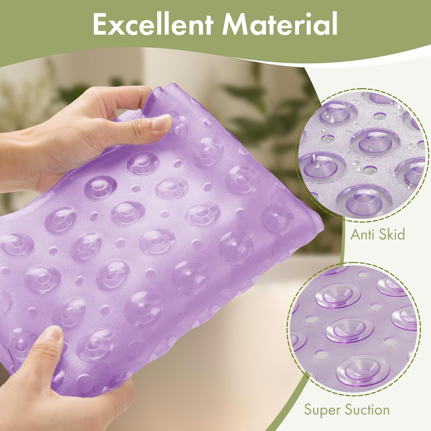 AmazerBath Shower Mat Non Slip 40 x 16 Inches, Shower Stall Mats with Suction Cups and Drain Holes, Non Slip Bath Mat for Tub for Elderly & Kids, Clear Purple
