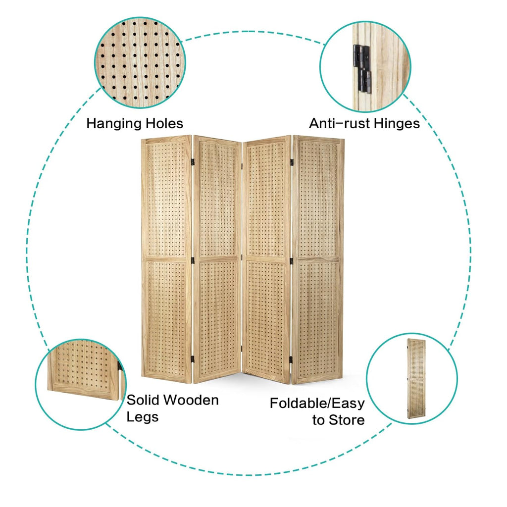 Babion 4 Panel Pegboard Display, Peg Board Room Divider Freestanding Folding Privacy Screens Display Stand for Craft Shows (Natural)