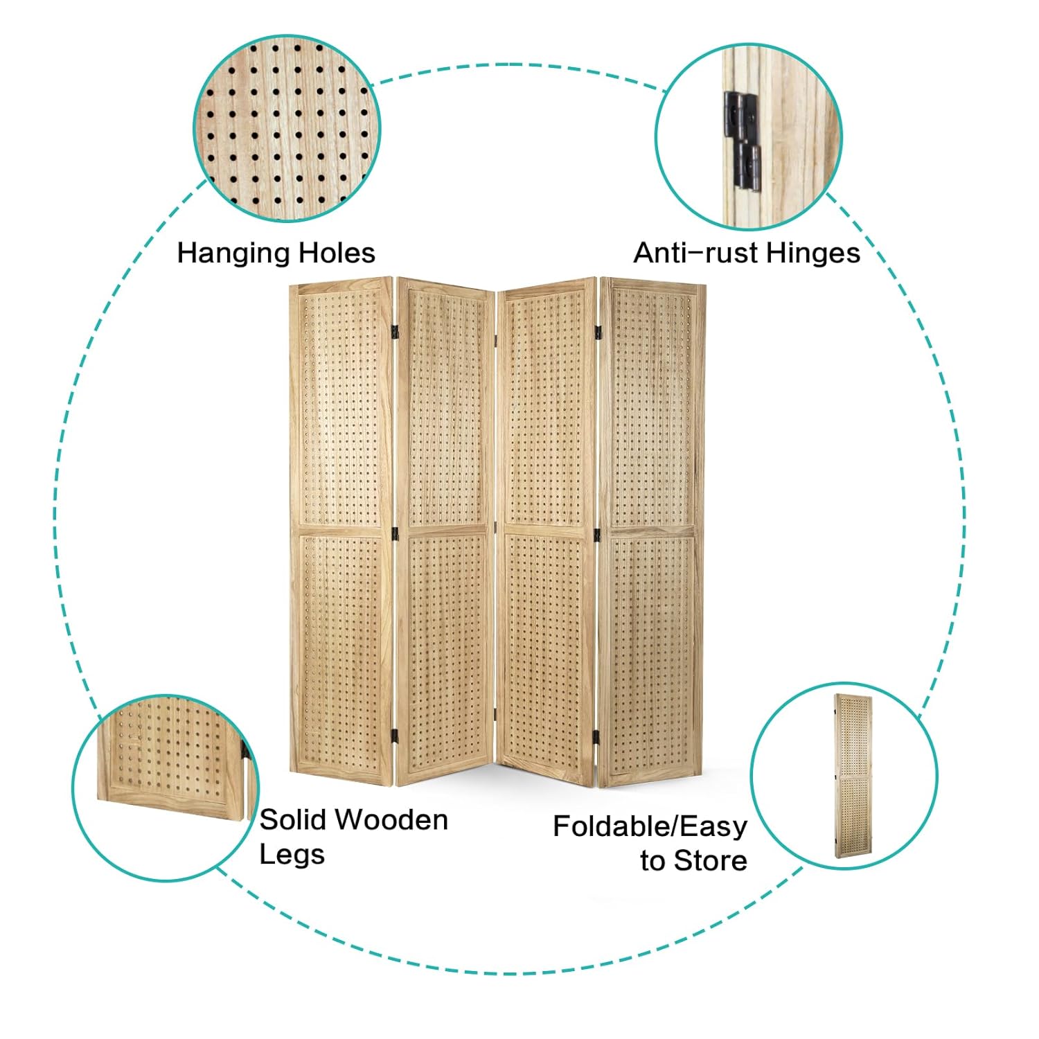 Babion 4 Panel Pegboard Display, Peg Board Room Divider Freestanding Folding Privacy Screens Display Stand for Craft Shows (Natural)