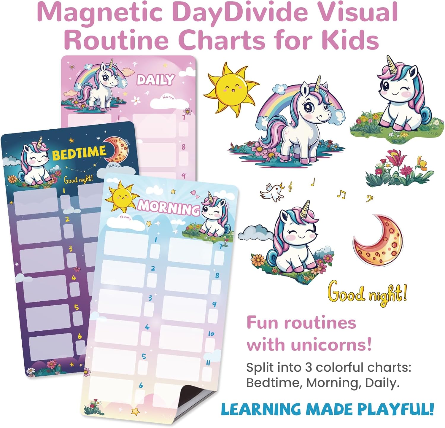 JJPRO Magnetic Bedtime/Morning/Daily Reward Routine Chart for Kids with Reward Jar-Bedtime Routine Chart,Reward Jar for Kids,Daily Checklist Reward Chart for Toddlers,Visual Schedule Board -Unicorn