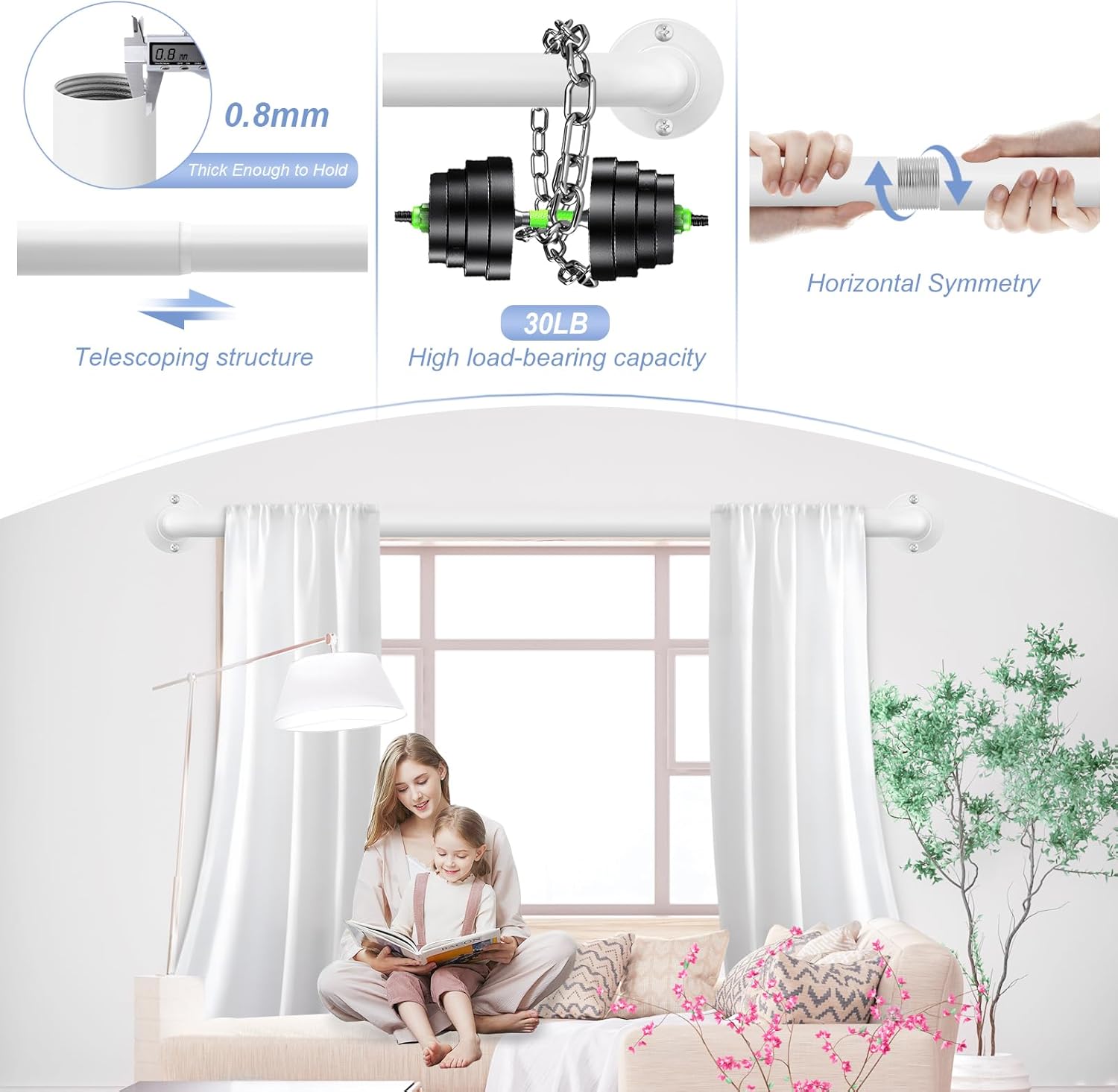 White Wrap Around Curtain Rods 36 to 72 Inch:Blackout Heavy duty Adjustable Window Curtain Rod for Bedroom,Industrial Darkening Curved French Metal Single Drapery Rods Easy Install,Pure White
