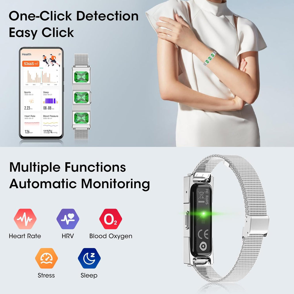 Mingtawn Women's Smart Bracelet with 2 Bands, Health Fitness Tracker, 24/7 Heart Rate/Blood Oxygen/HRV/Sleep Monitor, Fashion Emerald Wristband with Message/Call Reminder Free Subscription (Silver)