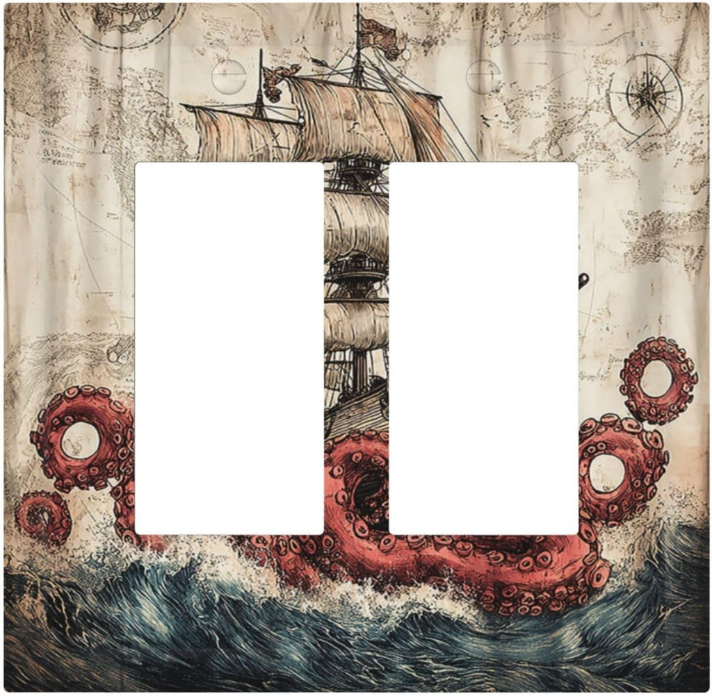 Decorative Outlet Covers Vintage Octopus Ocean Sailboat Bizarre Adventure 2 Gang Double GFCI Rocker Electrical Wall Panels Light Switch Cover Plate for Bathroom Kids room Decor