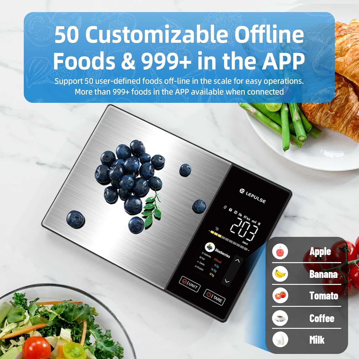 Food Scale with Nutritional Calculator, Smart Digital Kitchen Scale for Weight Loss, App with 23 Nutrients Tracking, Calorie, Fat, Carbs, Premium Stainless Steel, 11lb