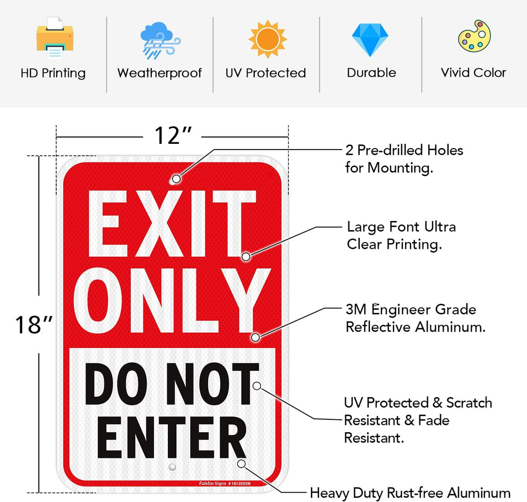 Faittoo Exit Only Do Not Enter Sign, 18 x 12 Inches Engineer Grade Reflective Aluminum Sign, UV Protected, Weather/Fade Resistant, Easy to Install and Read, Indoor/Outdoor Use (2 Pack)