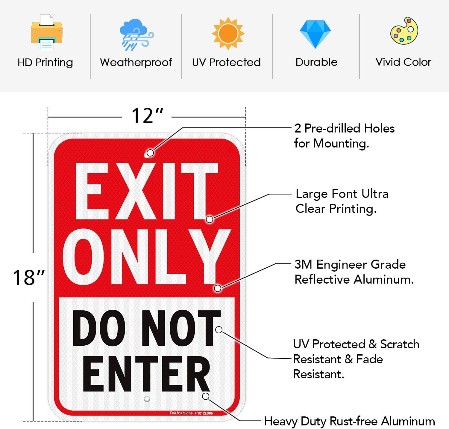Faittoo Exit Only Do Not Enter Sign, 18 x 12 Inches Engineer Grade Reflective Aluminum Sign, UV Protected, Weather/Fade Resistant, Easy to Install and Read, Indoor/Outdoors Use