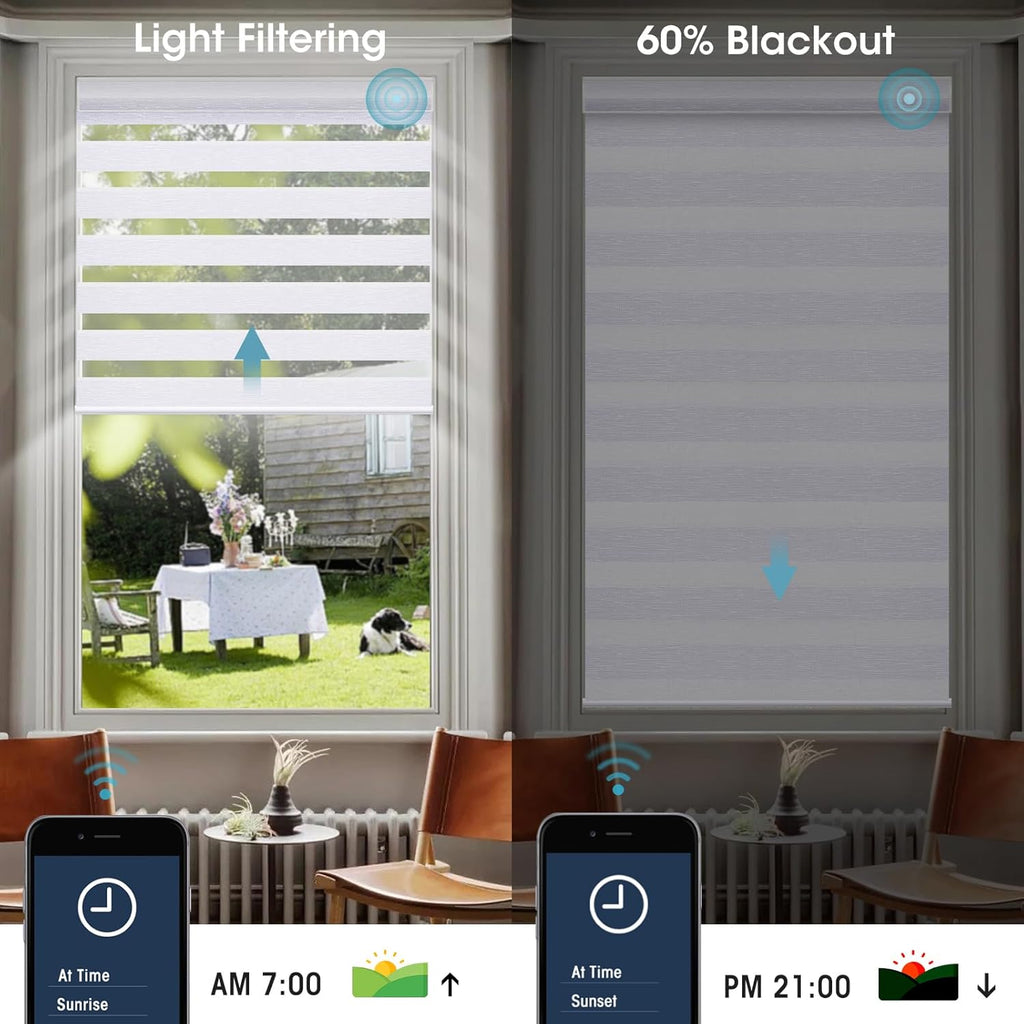 SmartWings Motorized Zebra Shades - Compatible with HomeKit, Alexa, SmartThings, Google - Remote Control Light Filtering Sheer Shades, 50% Blackout, for Smart Home/Office, White, Customized