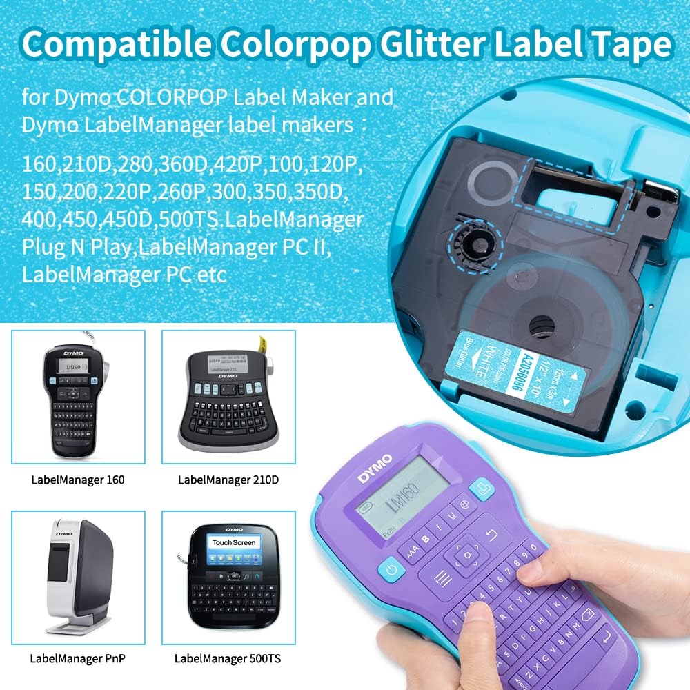 Freshworld 5-Pack Compatible with DYMO D1 Colorpop Label Tape 12mm 0.47" D1 Label Tape Refill, Replace COLORPOP Label Maker LabelManager 160 280 360D 420P PnP, White, Purple/Pink/Green/Gold Glitter