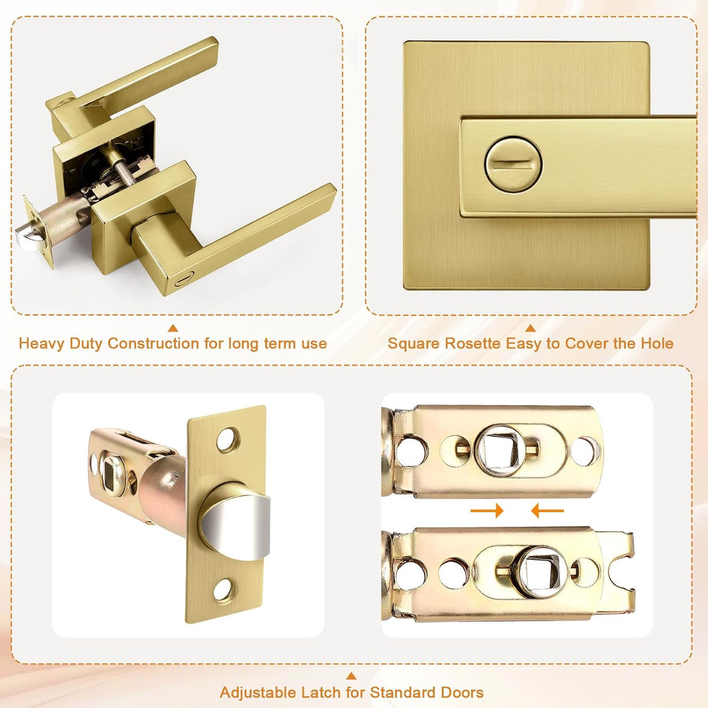 Probrico Heavy Duty Flat Gold Door Handles Square Privacy Interior Door Levers Bedroom and Bathroom Door Handles Keyless Bed/Bath Lockset (1 Pack)