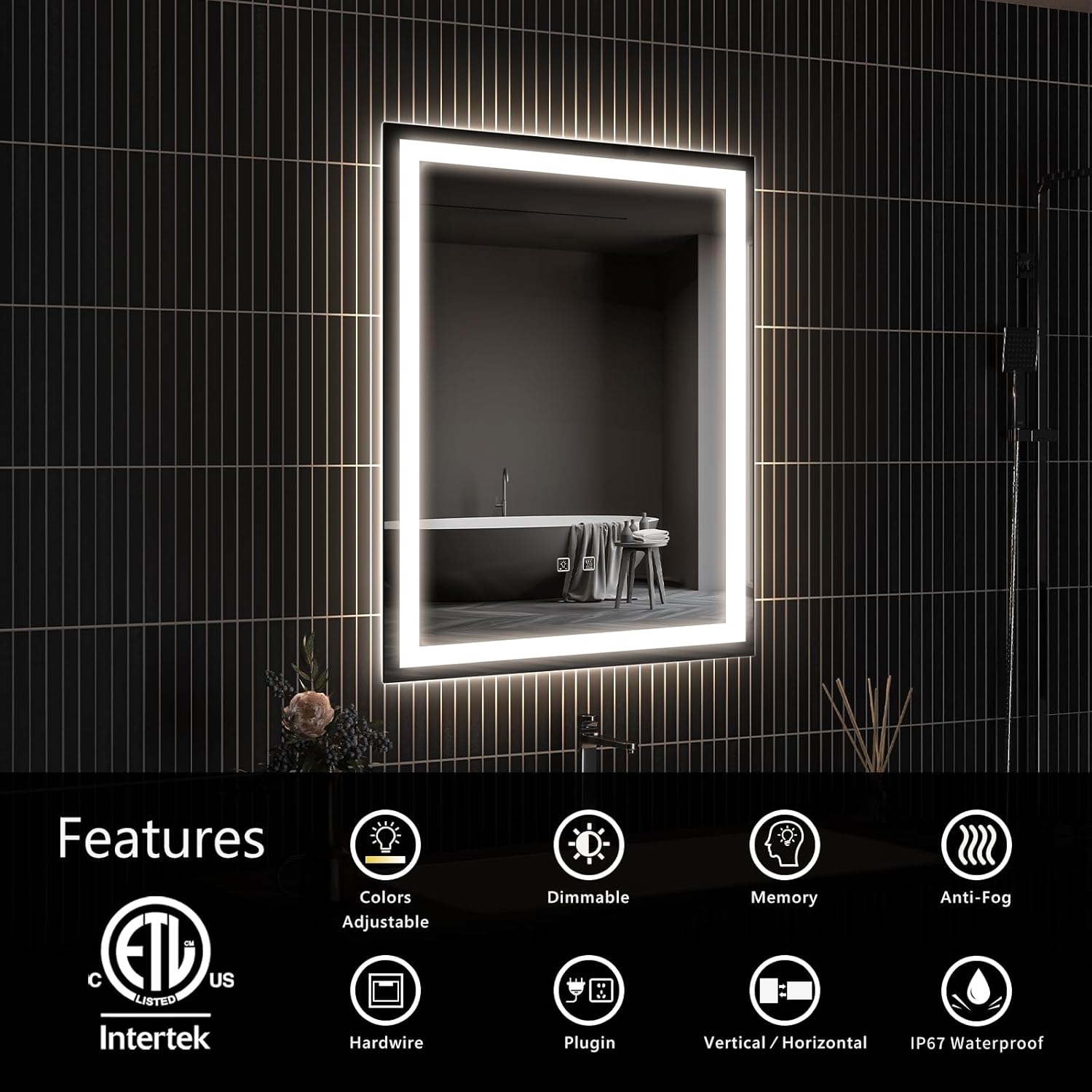 APRILSOUL 24x30 Inch LED Bathroom Mirror with Front and Backlit, Makeup Mirror with 3 Color Lights, Memory Function, Anti-Fog and Dimmable Light (Horizontal)