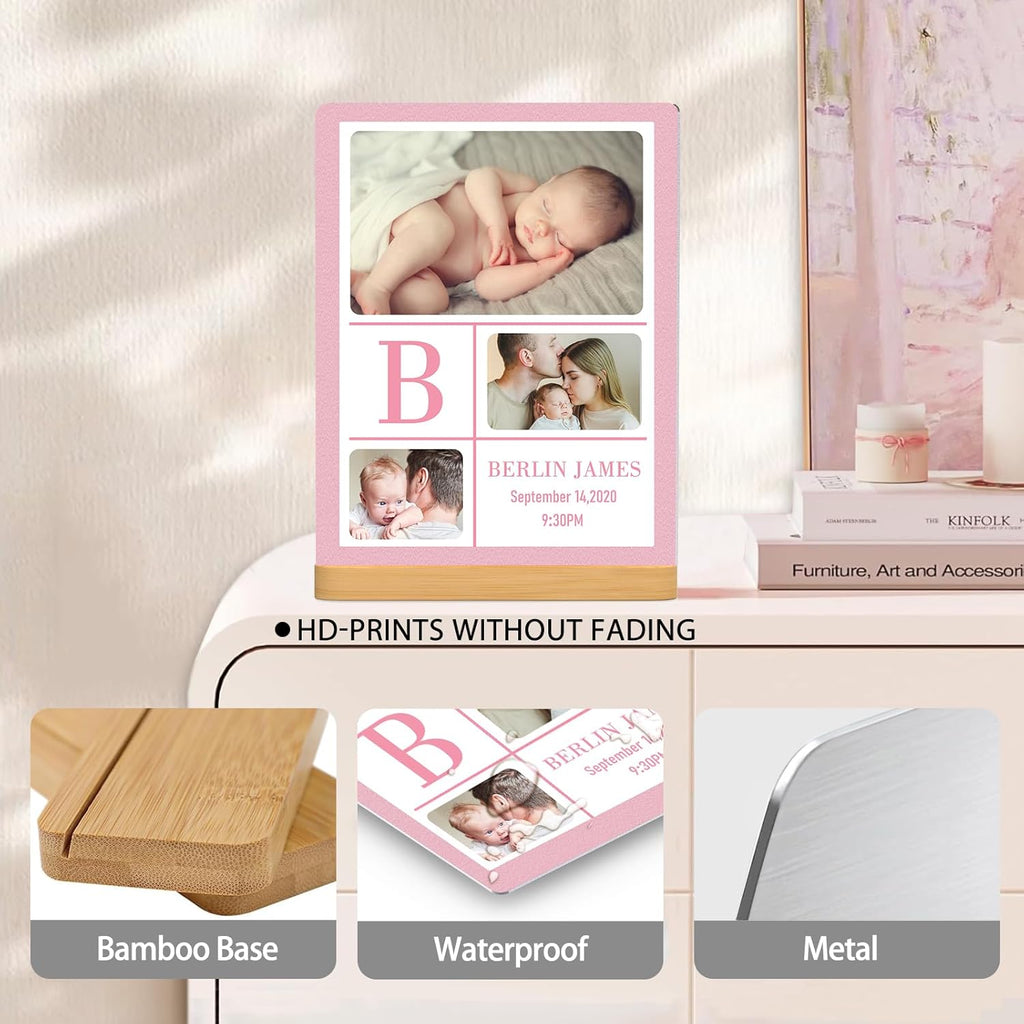 Custom Photo Prints - Metal Desktop Picture Frame with Baby's Photos & Name & Wooden Base Personalized Newborn Memorial Gifts for Family Friends and Lovers, Optional Multiple Sizes
