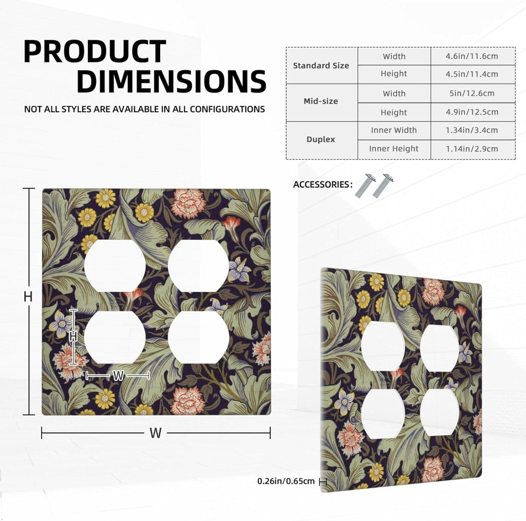 Boho William Morris Floral Green Leaves Flower Outlet Covers 2 Gang Double Duplex Decorative Light Switch Covers Electrical Wallplates Socket Faceplate for Farmhouse Home Decor