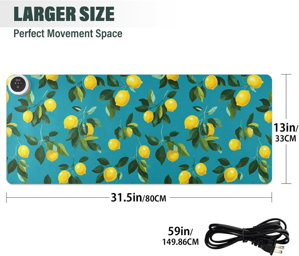 Heated Desk Pad Mouse Pad 31.5x13 Inch PU Leather Desk Mat with 3 Heat Levels Large Mouse Gaming Computer Laptop Mat Teal Lemons