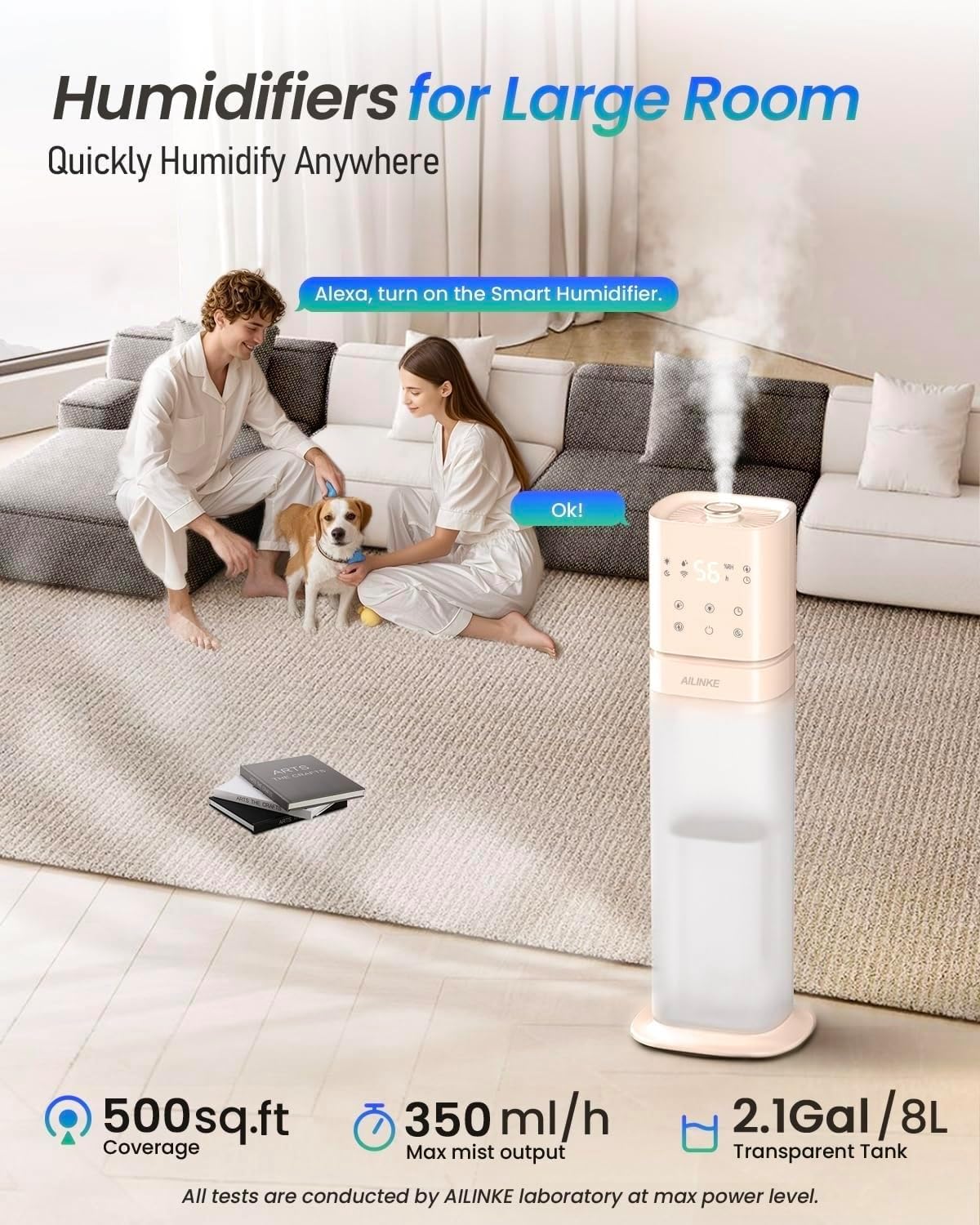 Smart Humidifier Large Room, 2.1Gal/8L Humidifiers for Bedroom with Extended Tube&Night Light, Whole House Cool Mist Humidifiers, WIFI App&Voice Control, School/Office/Warehouse, Pale Pink