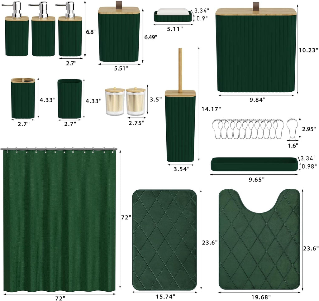 Bathroom Accessory Set - Dark Green Bathroom Set, 27PC Bathroom Accessories Set, Bathroom Sets with Shower Curtain and Rugs, Mini Trash Can, Toilet Brush, Trash Can & Soap Dispenser