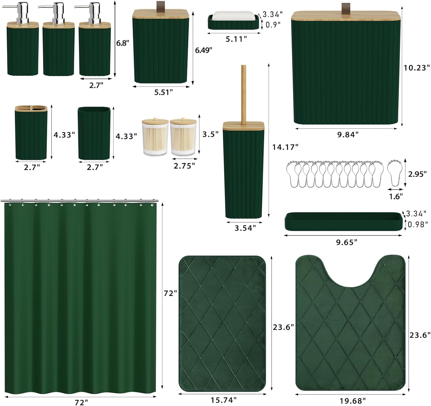 Bathroom Accessory Set - Dark Green Bathroom Set, 27PC Bathroom Accessories Set, Bathroom Sets with Shower Curtain and Rugs, Mini Trash Can, Toilet Brush, Trash Can & Soap Dispenser