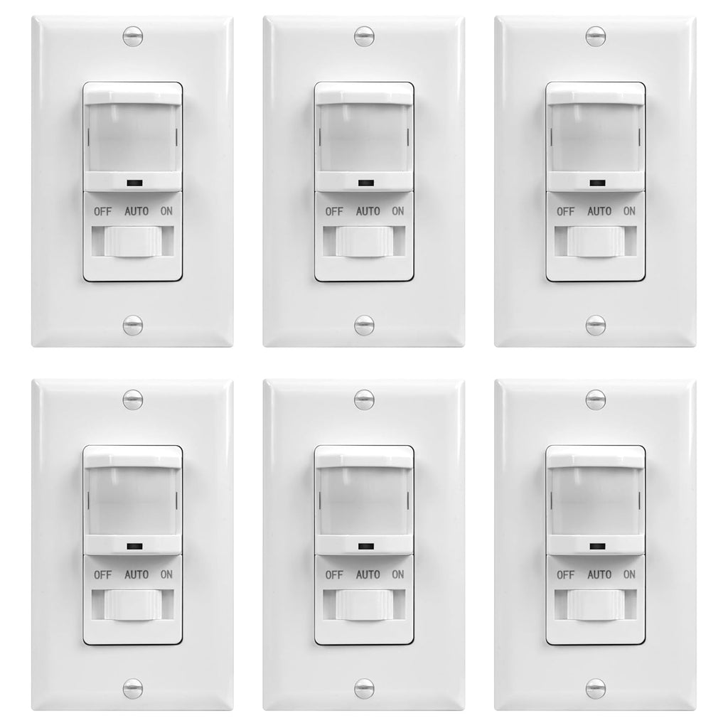 TOPGREENER in-Wall PIR Motion Sensor Light Switch, Motion Sensor Switch, Occupancy Sensor Switch, 4A, 500W, Single Pole, Neutral Wire Required, Wall Plate Included, TSOS5, White, 6 Pack