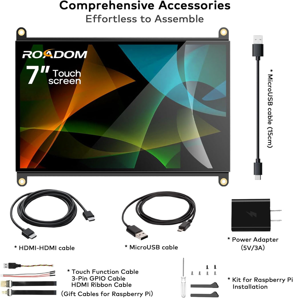 ROADOM 7’’ Raspberry Pi Screen, IPS1024×600,Responsive Smooth Touch,Dual Built-in Speakers,HDMI Input,Compatible with Raspberry Pi 5/4/3,Driver Free
