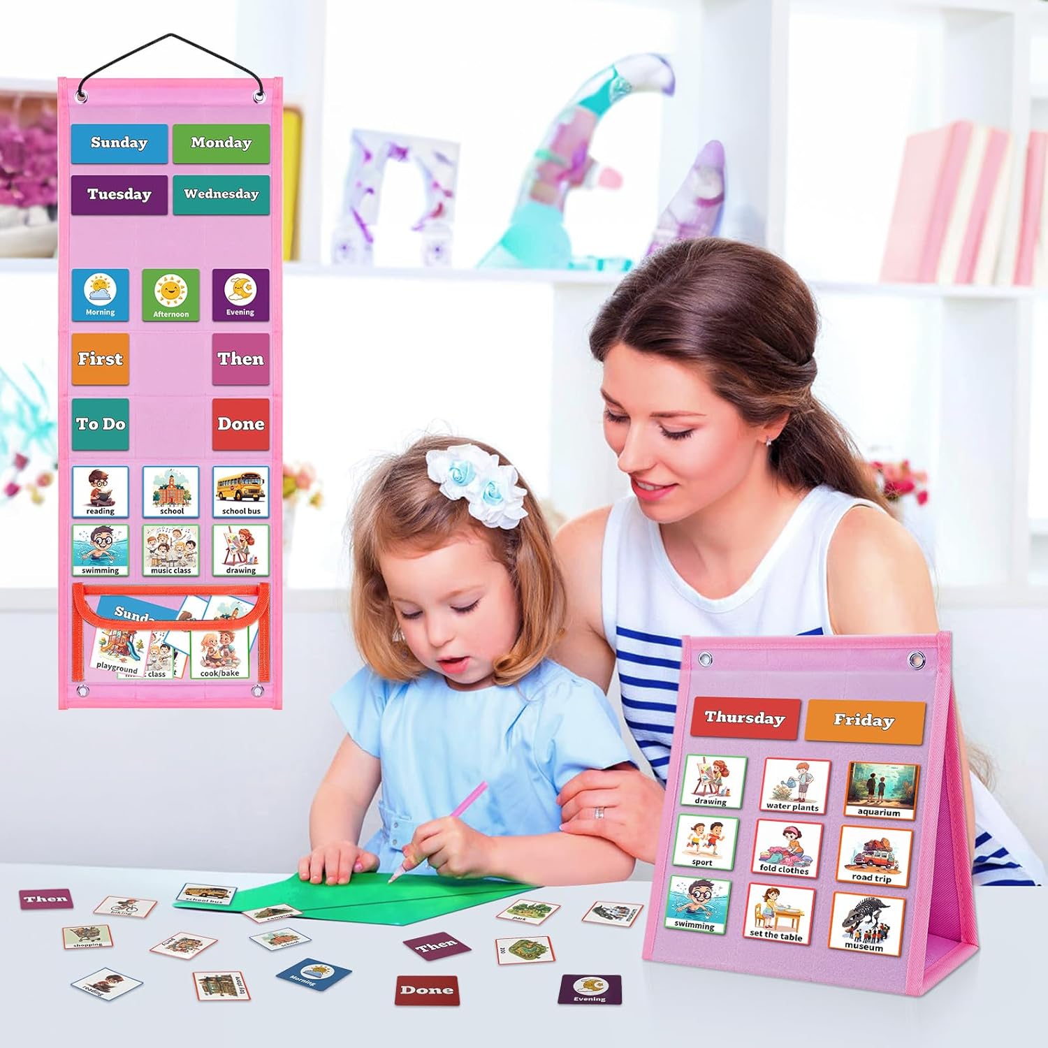 Visual Schedule for Kids Chore Chart，3 in 1 Daily Schedule Board Routine Pocket Chart Cards for Toddlers,Autism Learning Materials Tool Wall Planner for Home School with 103 Cards （Pink）
