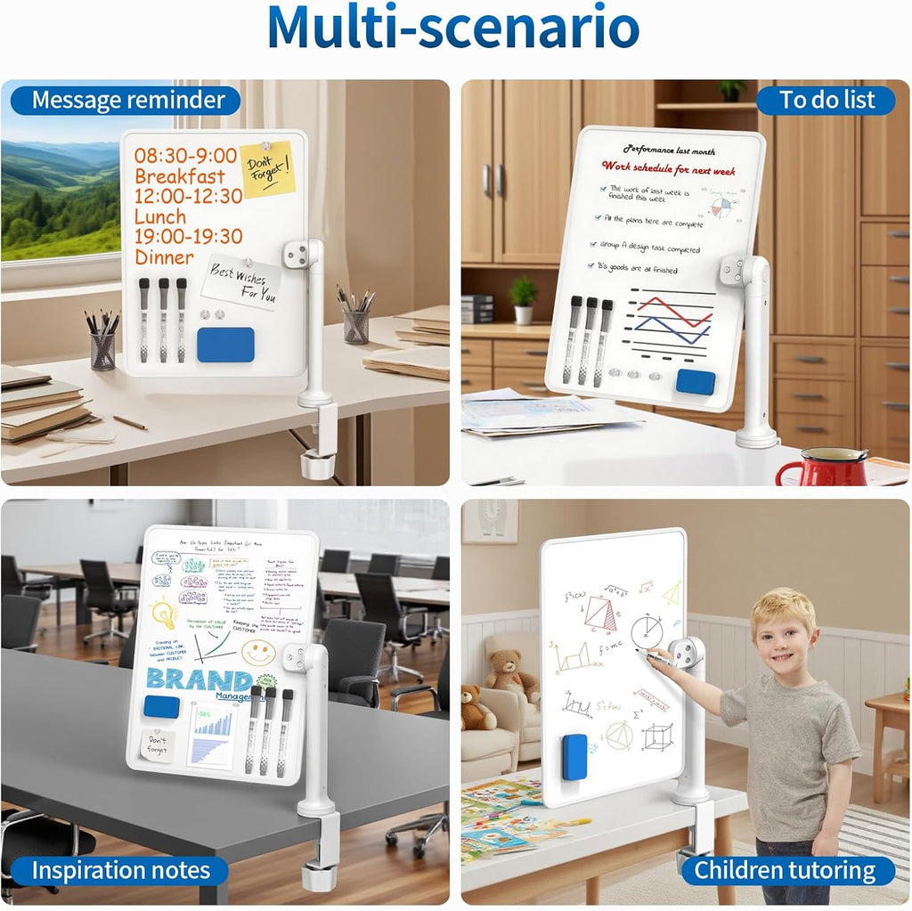 Double-Sided Desk Whiteboard with Dual 360° Swivel - 16" x 12" Clamp-On Desktop Whiteboard for Tables Under 2.3" Thick for Office, Home, School(1pc)