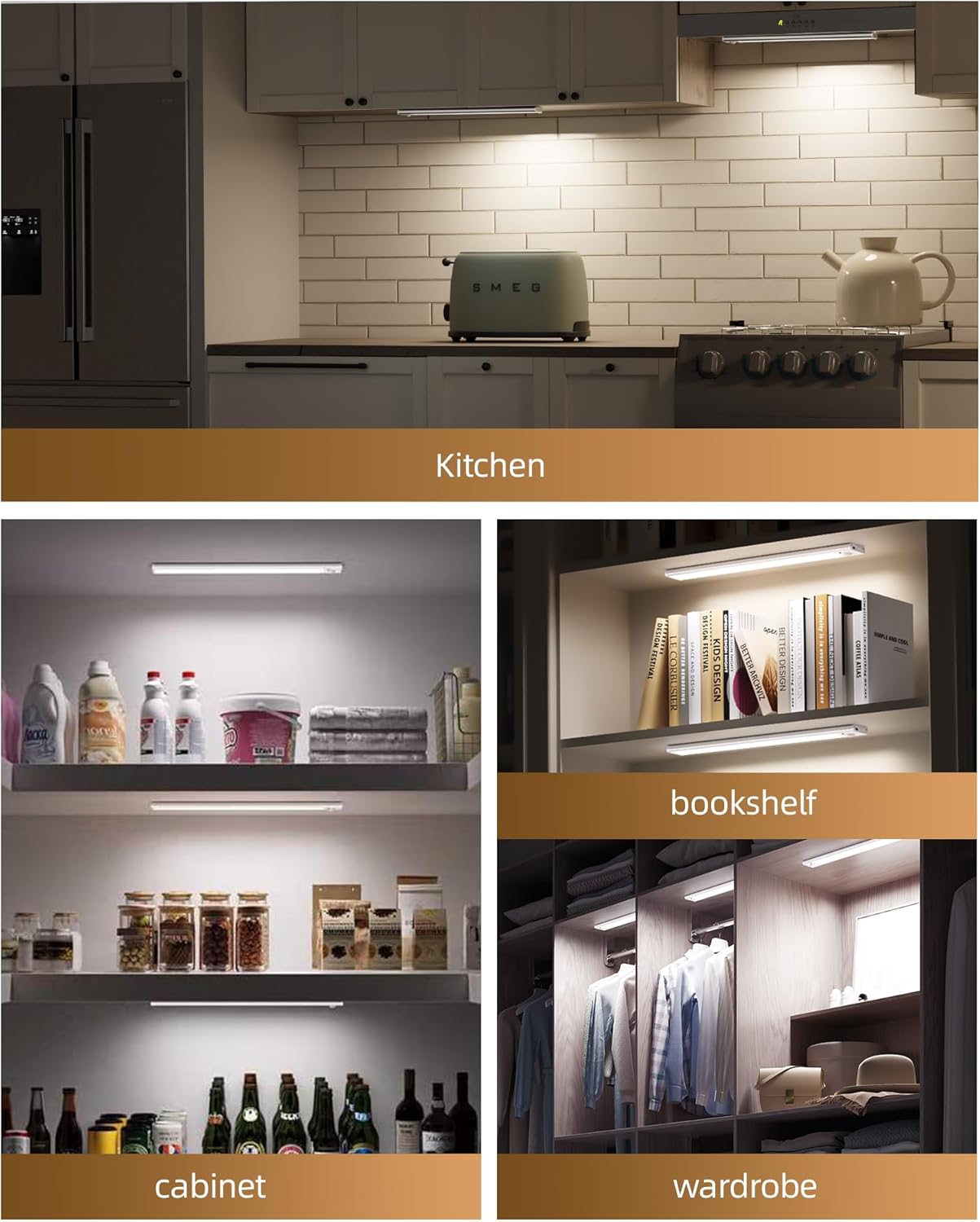 2Pack 16inch Under Cabinet Lighting, Rechargeable Motion Sensor Light Wireless Indoor, Dimmable 3 Color Temps Closet Lights with Remote, Under Counter LED Lights for Kitchen, Stairs