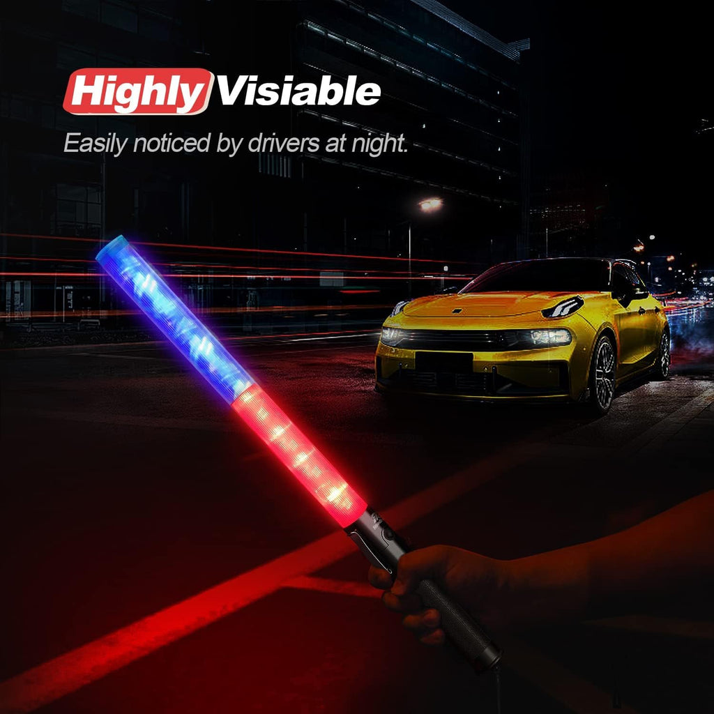 RoadHero 2 Pack 21 Inch Traffic Control Baton, Red and Blue LED Traffic Wand with 3 Flashing Modes, Air Marshaling Signal Wand with Side Clip for Airport, Parking, Car Directing