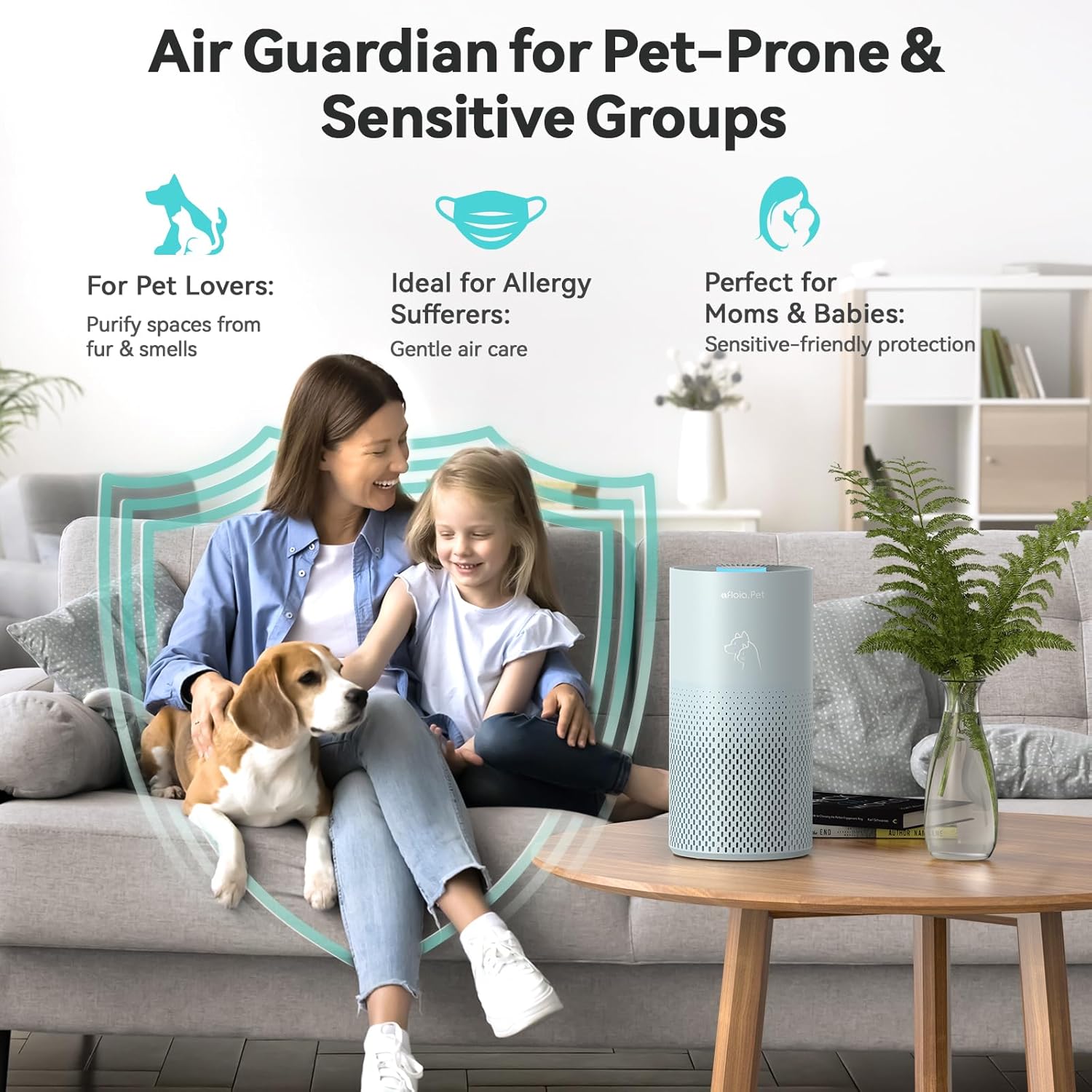 Afloia Air Purifier for Bedroom and Pets Home up to 880 Ft², 5-in-1 HEPA Air Filter Cleaner with Washable Pre-Filter, Removes Pet Hair, Odors, Dander & Allergies, Whisper-Quiet Sleep Mode-Kilo Pet