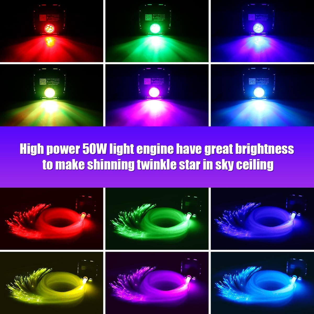 AZIMOM High Brightness 50W Twinkle Fiber Optic Light Source RGBW Light Box Engine Diver Bluetooth/RF Remote Control Music Sensor Mode for Car Home Star Ceiling Light Effect Decoration