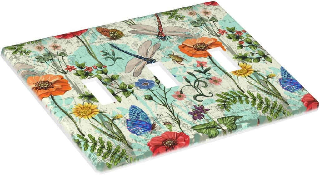 Dragonflies Flowers Butterfly 3 Gang Triple Toggle Outlet Light Switch Cover Decorative Wall Plate Cover For Home Living Bedroom Kitchen Decorative