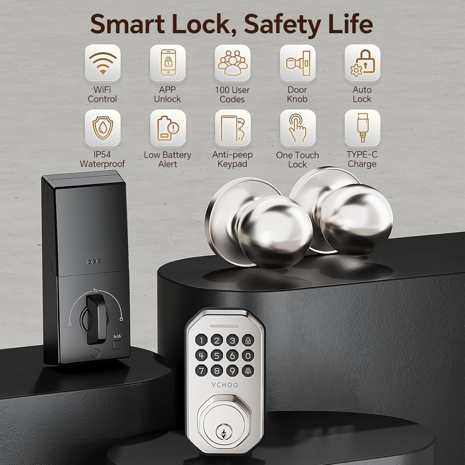Keyless Entry Door Lock with 2 Knobs App Control Smart Locks for Front Door WiFi Door Lock Set Automatic Lock One Time Password Anti Peeping Password IP54, Satin Nickel