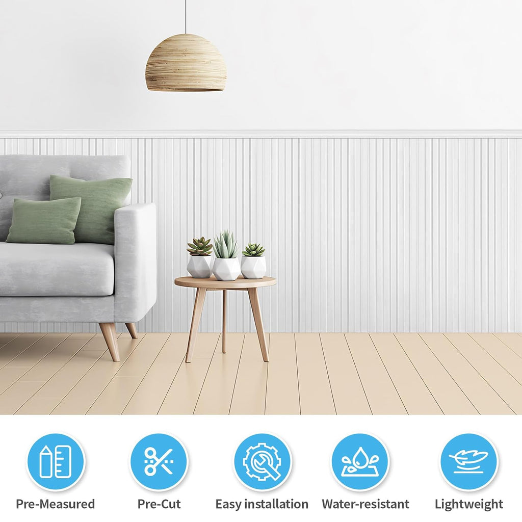 Art3d Wainscoting Wall Panel Kit, 37.8" Tall Beadboard Panels for Walls, Polystyrene Board and Batten Wall Panel Kit, Easy DIY Decorative Trim for Living Room, Kitchen, Bedroom – Covers 31 Sq.Ft