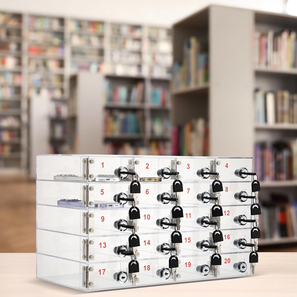 Layhit 20 Slots Cell Phone Locker Box for Classroom Clear Acrylic Cell Phone Storage Cabinet Bin with Door Locks for Classroom School Students Office Factory Employees